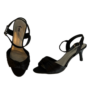Fioni Night Black Fabric Ankle Strap High Heels Size 7 Wide